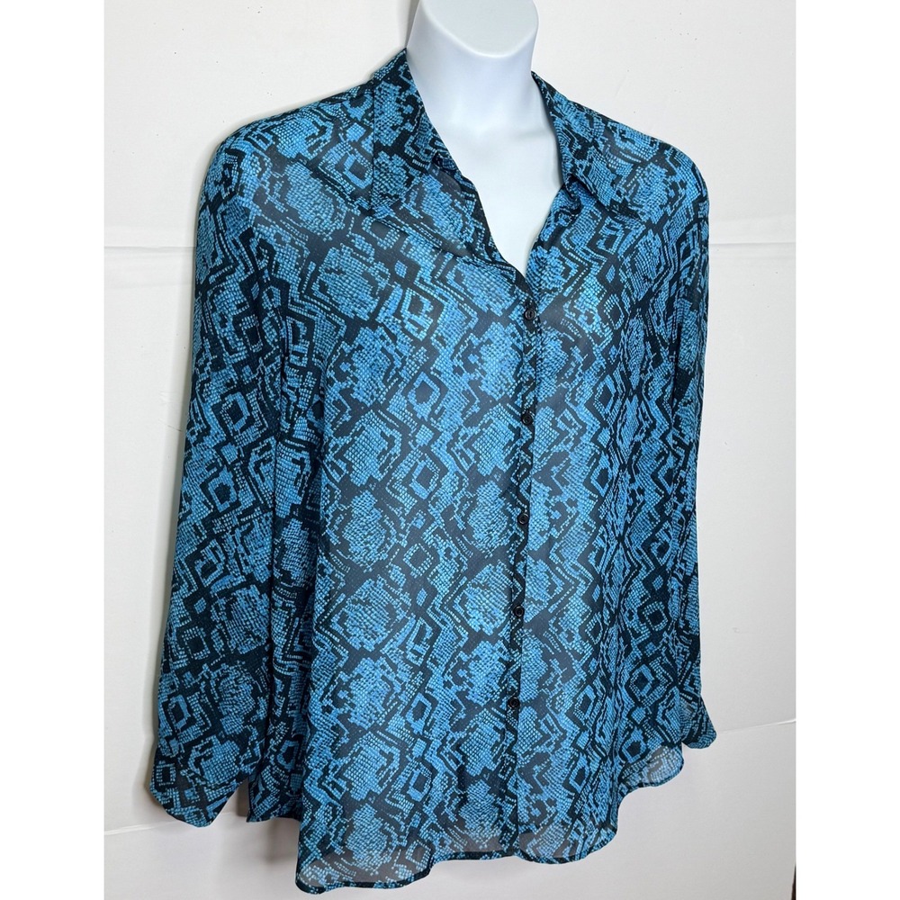 Venezia Jeans Button Down Blouse Womens 22/24 Blue Snakeskin Sheer Boho Office - Picture 4 of 6